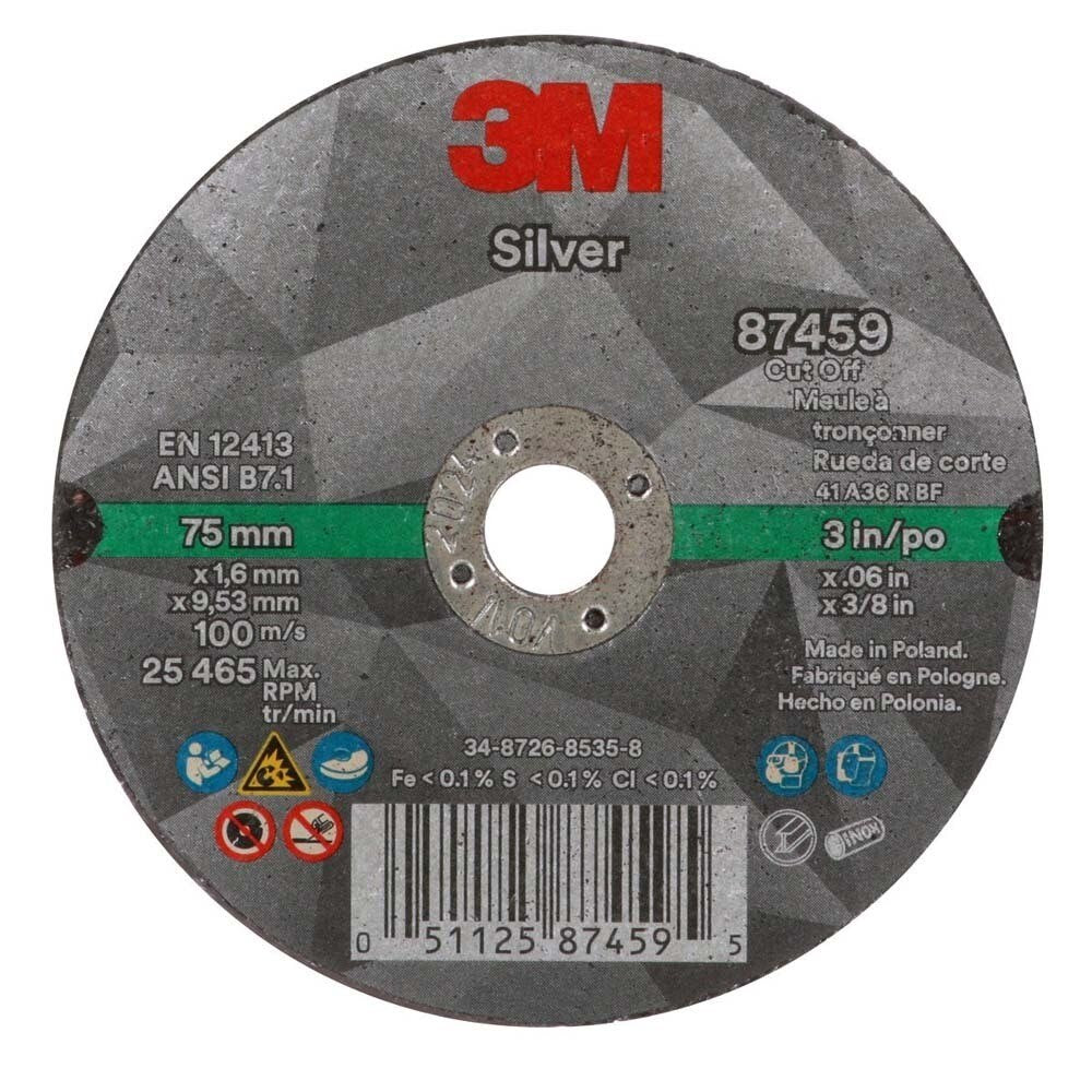 3M 7100139210 Silver Cut-Off Wheel 3 in x 0.060 in x 3/8 in for Stainless and Mild Steel Pipe Cutting (25 Pack) - 2