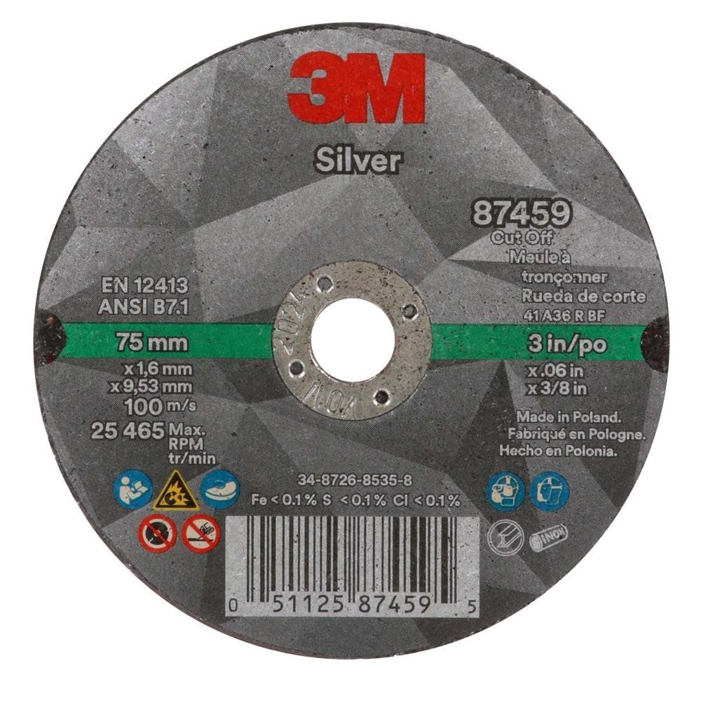 3M 87459 Silver Cut-Off Wheel 3 in x 0.060 in x 3/8 in for Stainless and Mild Steel Pipe Cutting (7100139210) (50 Pack) - 2