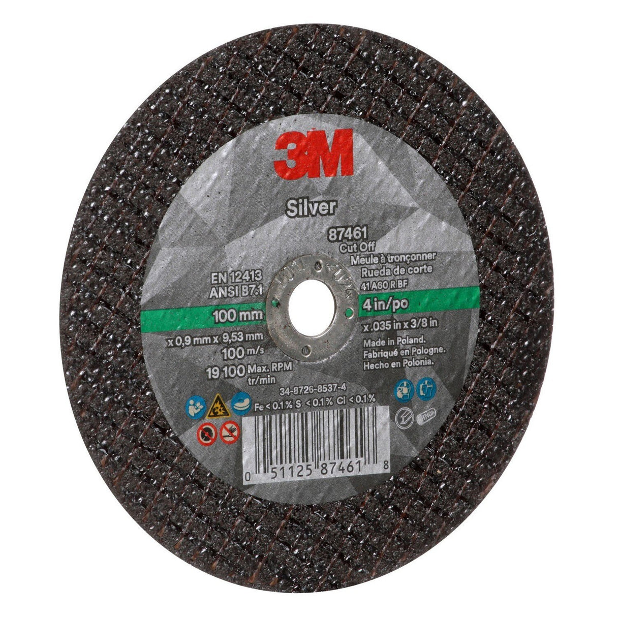 3M 87461 Silver Cut-Off Wheel 60+ T1, Precision Shaped Grain, Black, 4 in x 1/32 in x 3/8 in (7100139214) (50 Pack) - 4
