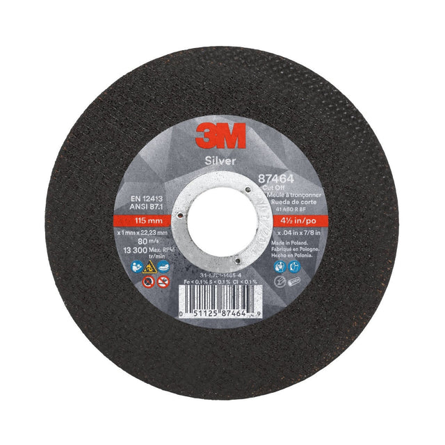3M 87464 Silver Cut-Off Wheel, T1, 4-1/2 in x 1/8 in x 7/8 in, Precision Shaped Grain, 60+ Grit, Black (7100139226) (50 Pack)