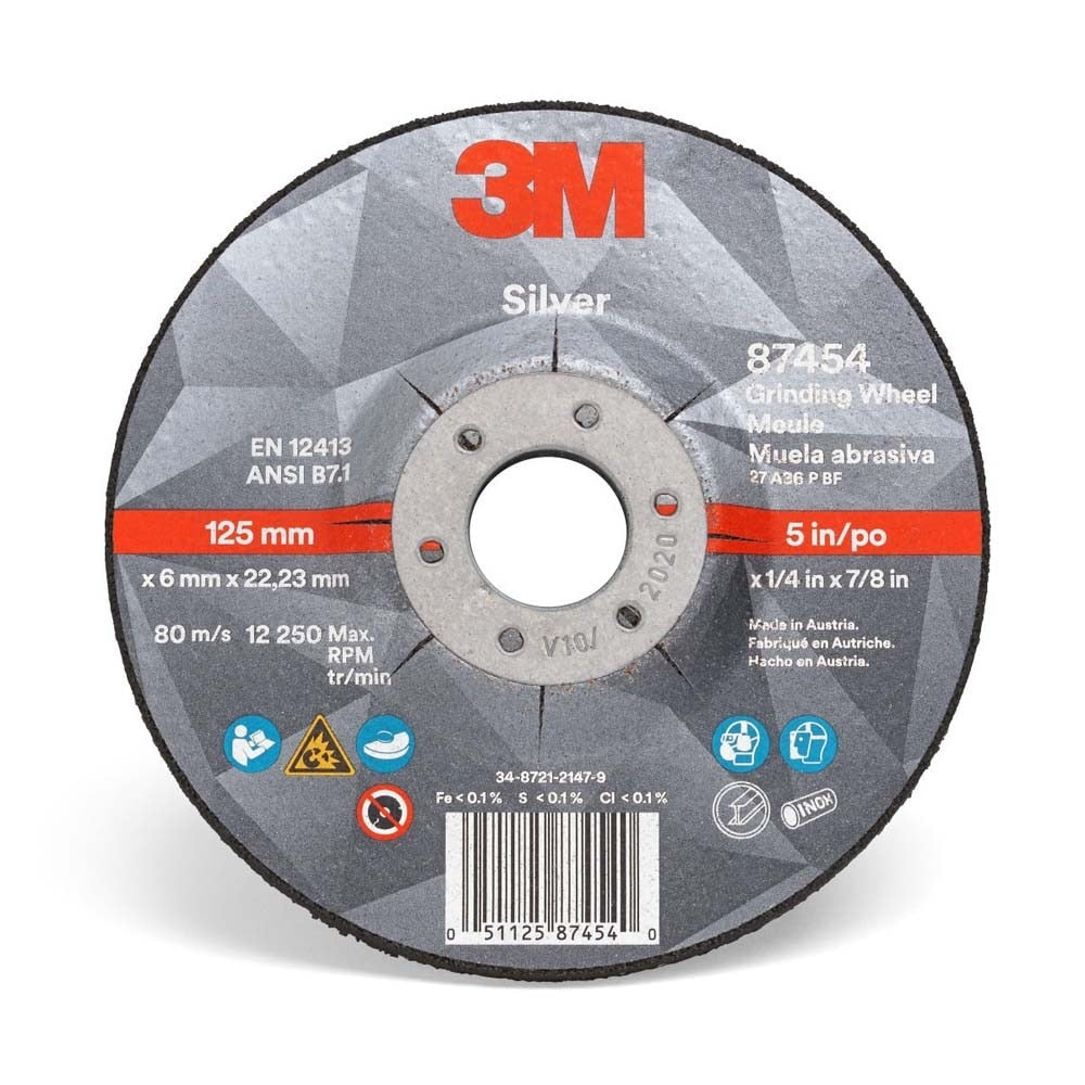 3M 7100141078 Silver Depressed Center Grinding Wheel T27 5 in x 1/4 in x 7/8 in for Deburring and Heavy Stock Removal on Steel (10 Pack)