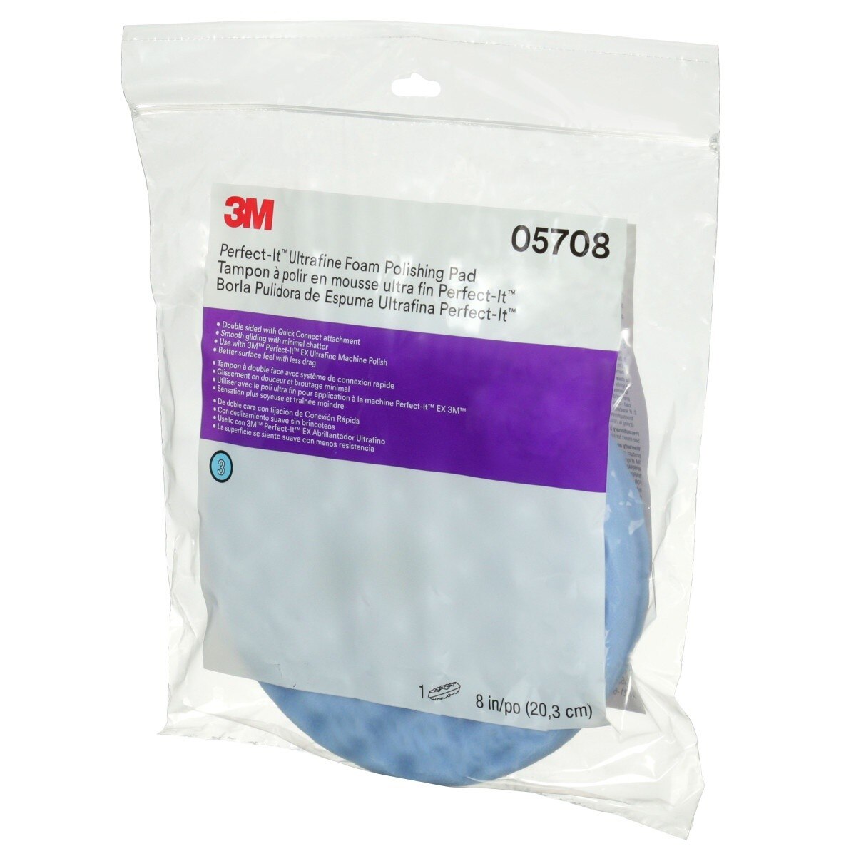 3M 05708 Hookit Ultrafine Foam Polishing Pad, Double Sided Quick Connect, Waffle Face, Blue, 8 in (7100145281) (6 Pack) - 6