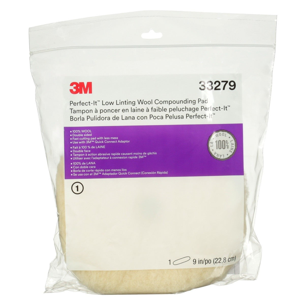 3M Perfect-It Low Linting Wool Compounding Pad, 100 Wool, White, 9 in (33279) (7100145353) (6 Pack) - 5