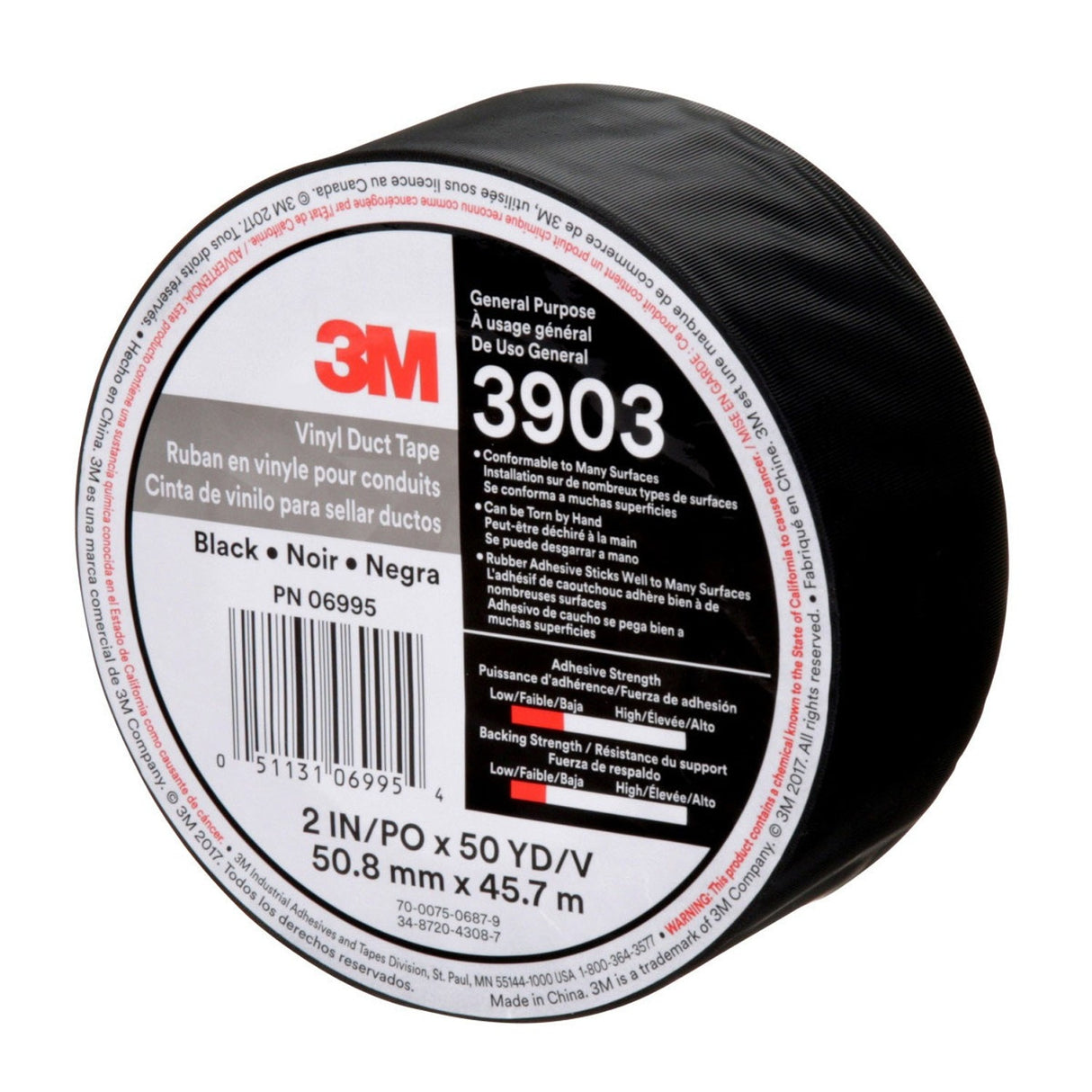 3M 3903 Vinyl Duct Tape, Black, 2 in x 50 yd, 6.5 mil, Individually Wrapped (7100145924) (24 Pack) - 6