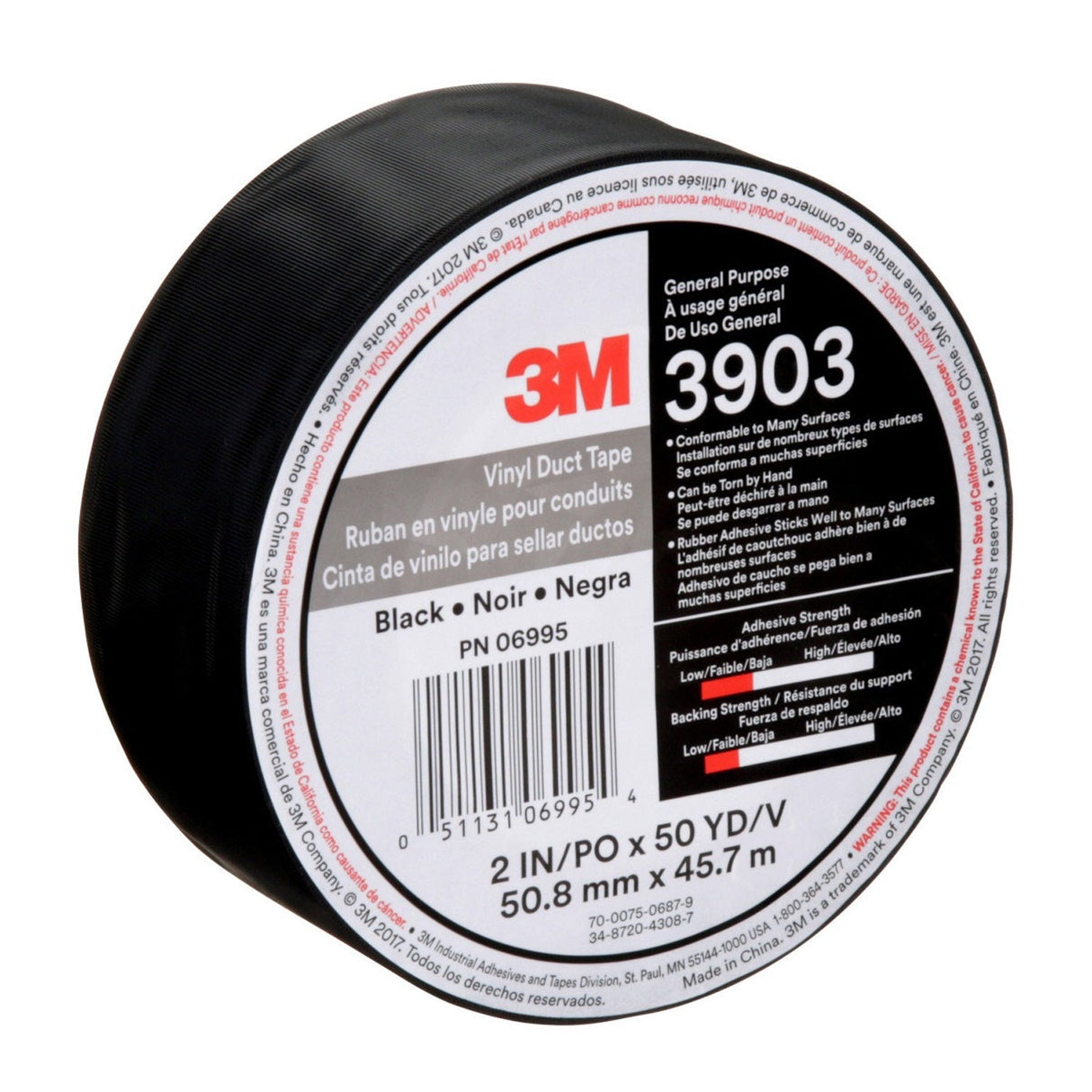 3M 3903 Vinyl Duct Tape, Black, 2 in x 50 yd, 6.5 mil, Individually Wrapped (7100145924) (24 Pack) - 7