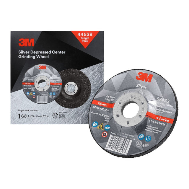 3M 44538 Silver Depressed Center Grinding Wheel, T27, 36 Plus, 4-1/2 in x 1/4 in x 7/8 in, Black, Center Hole, For Deburring and Heavy Stock Removal on Stainless Steel and Mild Steel with Right Angle Grinders (7100147339) (20 Pack)