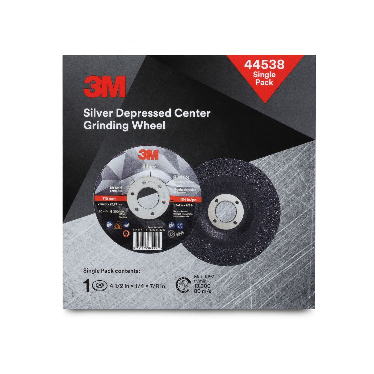 3M 44538 Silver Depressed Center Grinding Wheel, T27, 36 Plus, 4-1/2 in x 1/4 in x 7/8 in, Black, Center Hole, For Deburring and Heavy Stock Removal on Stainless Steel and Mild Steel with Right Angle Grinders (7100147339) (20 Pack) - 2