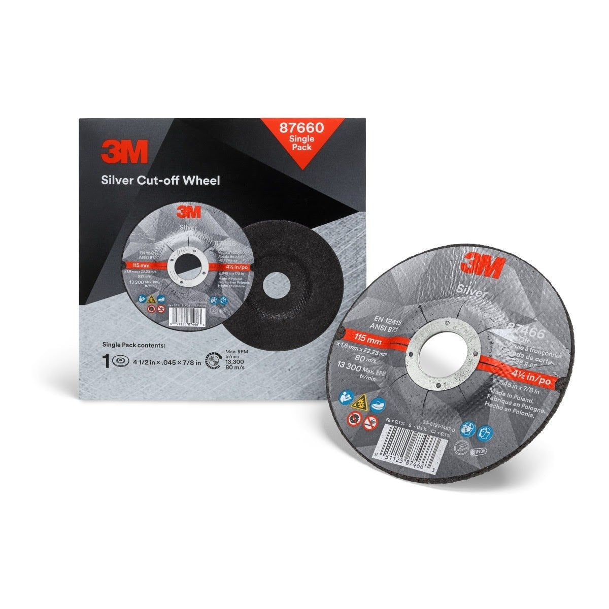 3M 87660 Silver Cut-Off Wheel, 36+, T27, 4.5 in x 0.045 in x 7/8 in (7100147388) (10 Pack) - 2