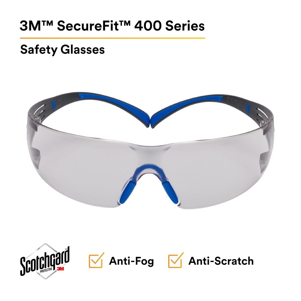 3M SF407SGAF-BLU SecureFit Safety Glasses, 400 Series, ANSI Z87.1, Indoor/Outdoor Gray Lens, Blue/Gray Frame, Anti-Fog Anti-Scratch (7100156103) (20 Pack) - 2