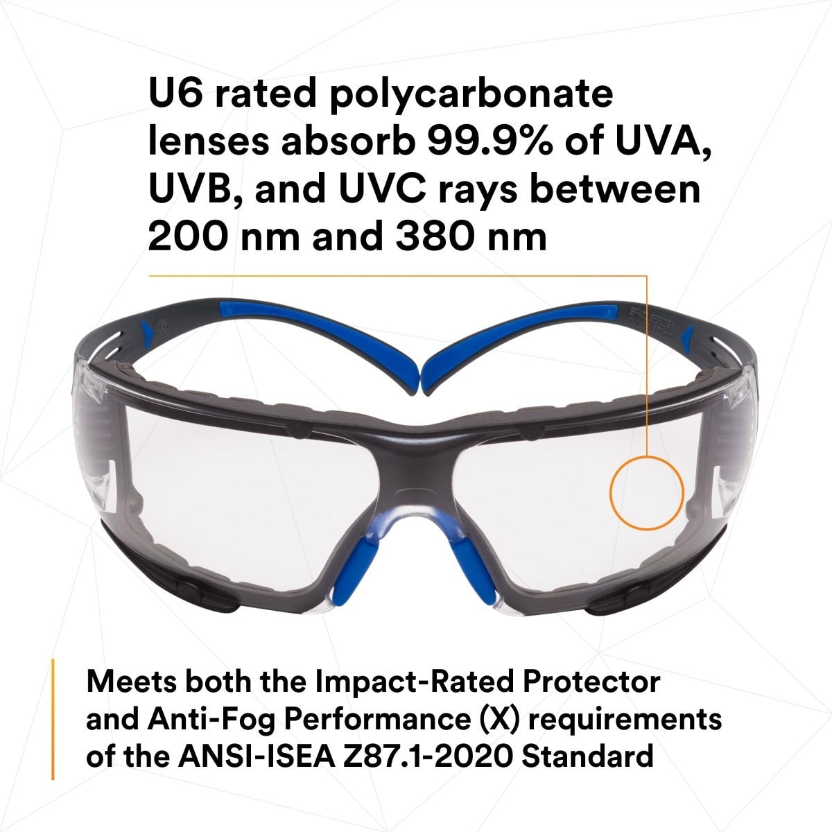 3M SF401SGAF-BLU-F SecureFit 400 Safety Glasses, Clear Polycarbonate Lens with Anti-Fog Anti-Scratch, Blue/Gray Frame, Removable Foam Gasket, ANSI Z87 Eye Protection (7100156104) (20 Pack) - 2