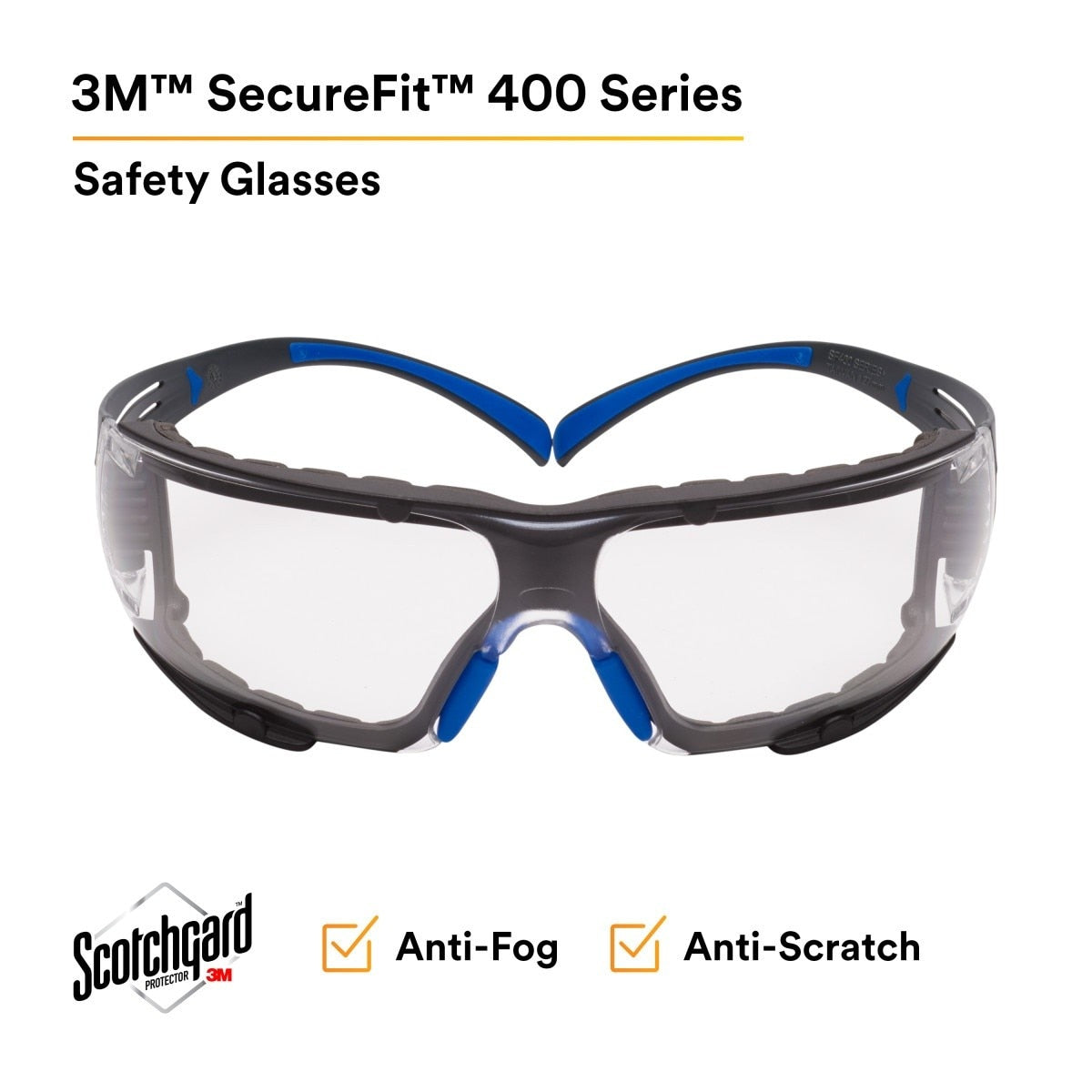 3M SF401SGAF-BLU-F SecureFit 400 Safety Glasses, Clear Polycarbonate Lens with Anti-Fog Anti-Scratch, Blue/Gray Frame, Removable Foam Gasket, ANSI Z87 Eye Protection (7100156104) (20 Pack) - 6