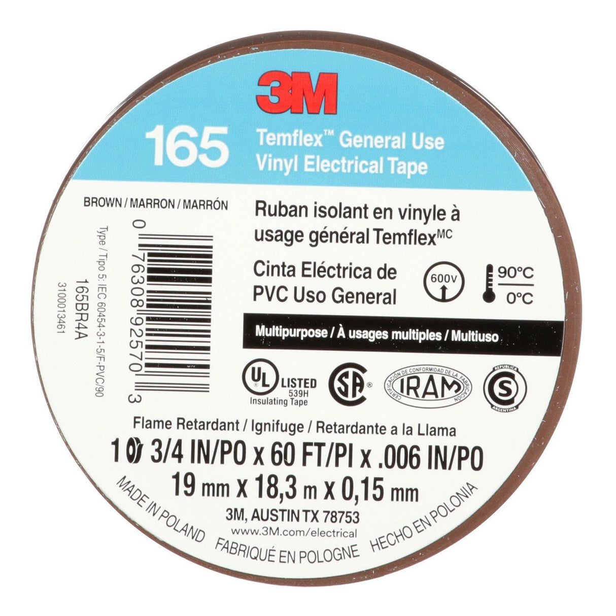 3M 165 165BR4A Temflex Vinyl Electrical Tape, Brown, 3/4 in x 60 ft, 6 mil, 600V, PVC Insulating Tape (7100169191) (10 Pack) - 6
