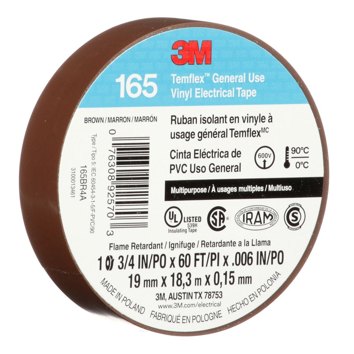 3M 165 165BR4A Temflex Vinyl Electrical Tape, Brown, 3/4 in x 60 ft, 6 mil, 600V, PVC Insulating Tape (7100169191) (10 Pack) - 8
