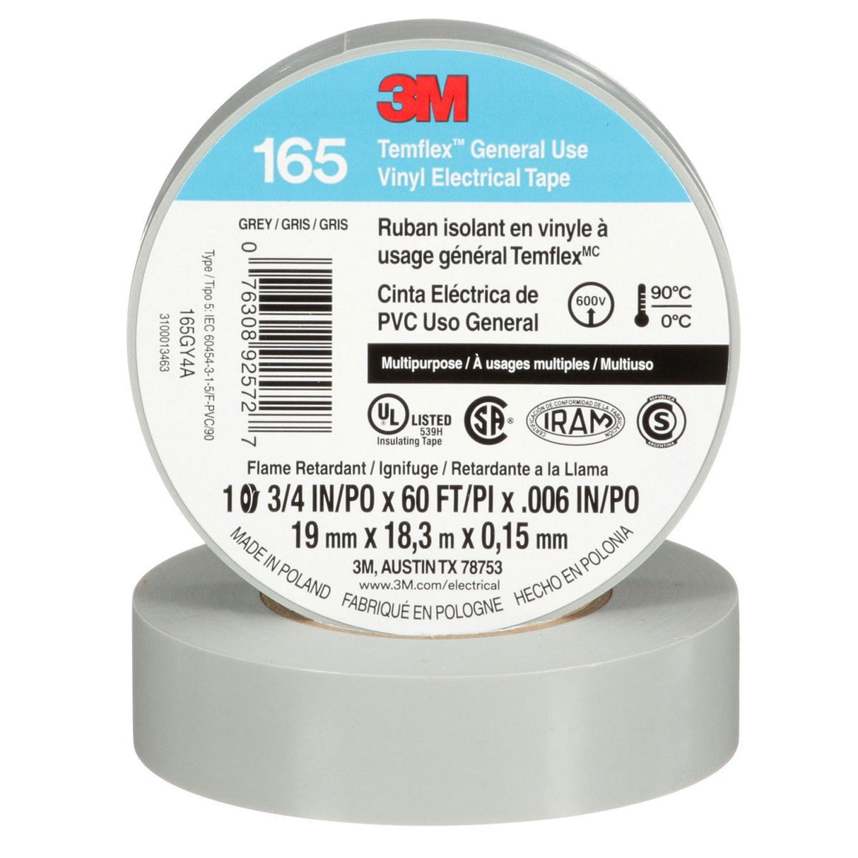 3M 165 Temflex Vinyl Electrical Tape, Gray, 0.75 in x 60 ft, 6 mil (165GY4A) (7100169192) (10 Roll Pack) (10 Pack) - 2