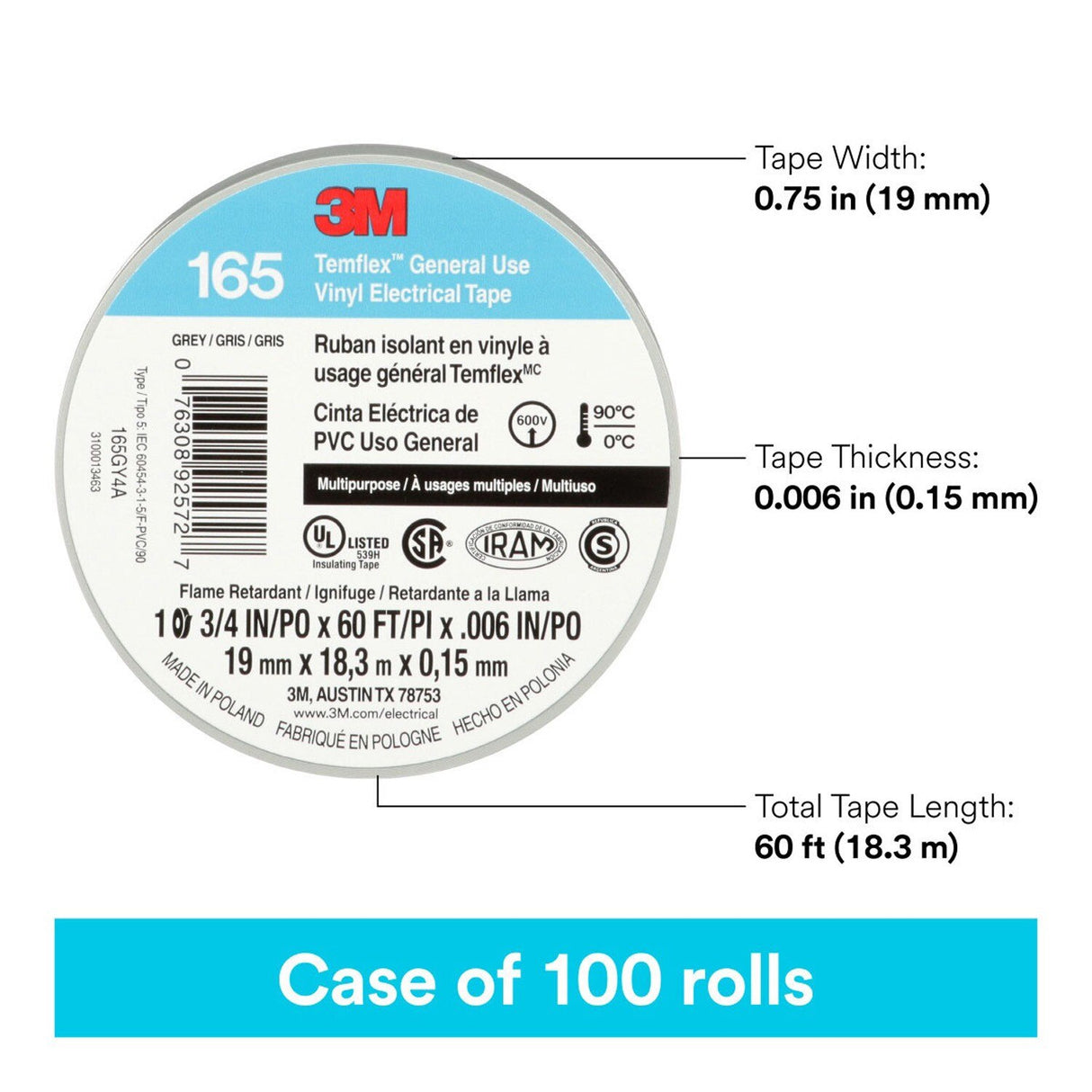 3M 165 Temflex Vinyl Electrical Tape, Gray, 0.75 in x 60 ft, 6 mil (165GY4A) (7100169192) (10 Roll Pack) (10 Pack) - 9