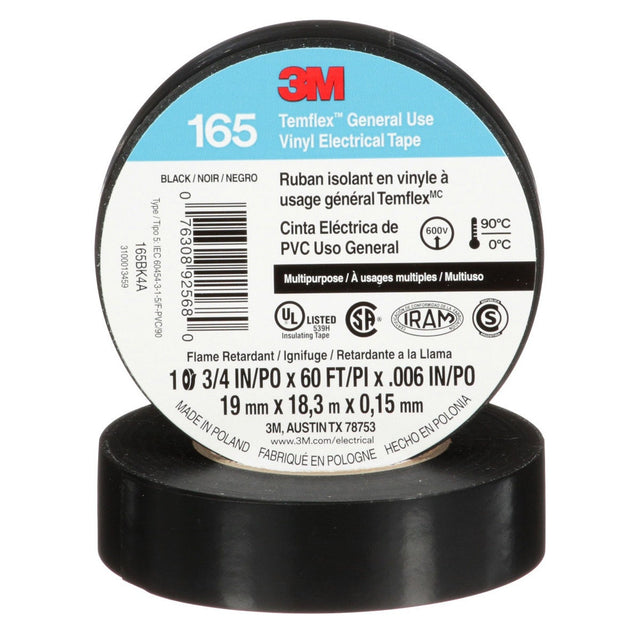 3M 165BK4A Temflex Vinyl Electrical Tape 165 Black 3/4 in x 60 ft x 0 in Multi-Purpose (7100169254) (100 Pack)