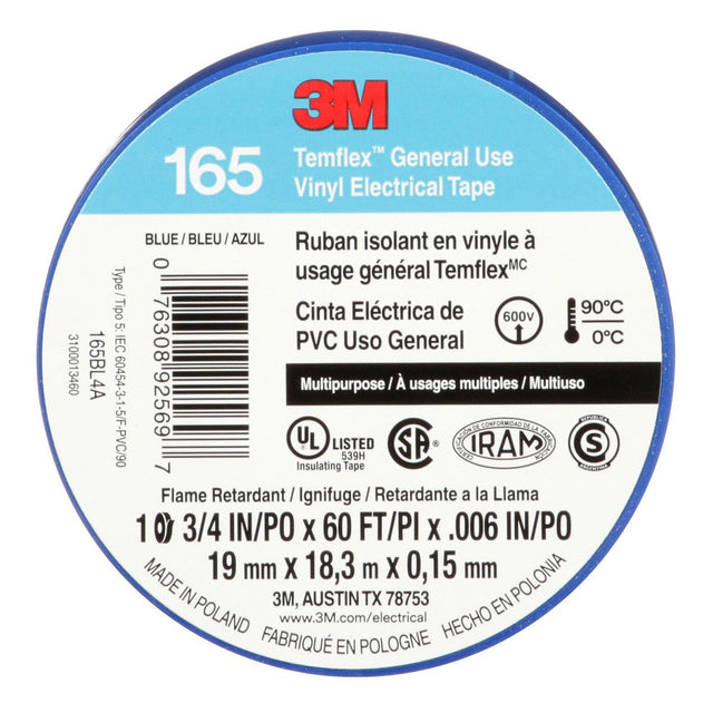 3M 165BL4A Temflex Vinyl Electrical Tape Blue 3/4 in x 60 ft 6 mil Multi-Purpose Flame Retardant (7100169429) (10 Pack)