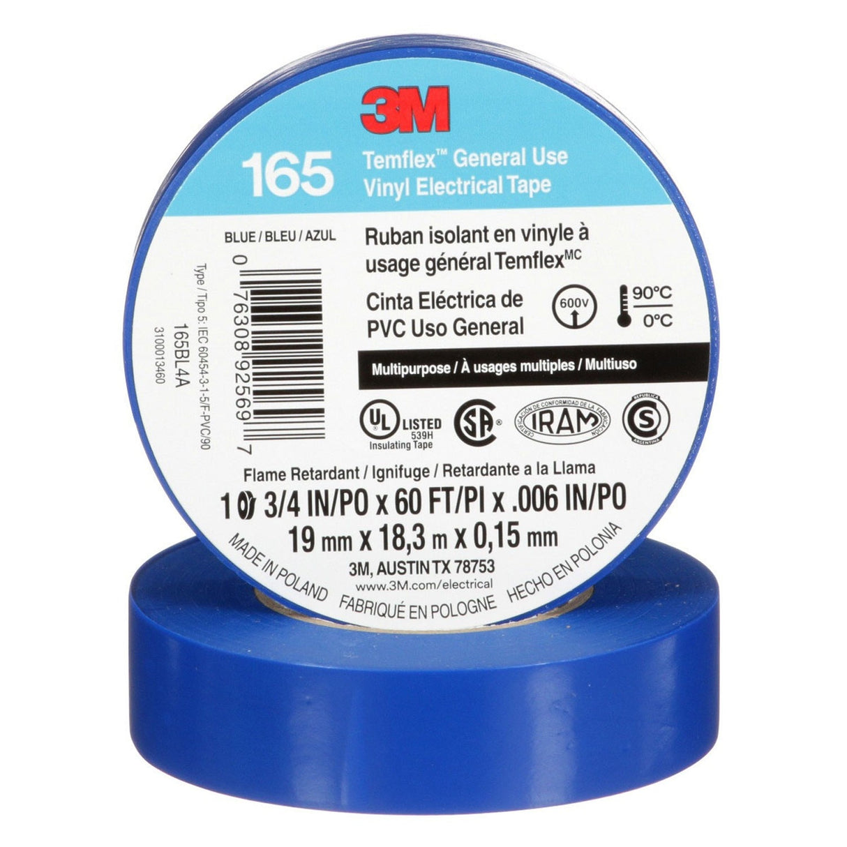 3M 165BL4A Temflex Vinyl Electrical Tape Blue 3/4 in x 60 ft 6 mil Multi-Purpose Flame Retardant (7100169429) (10 Pack) - 2