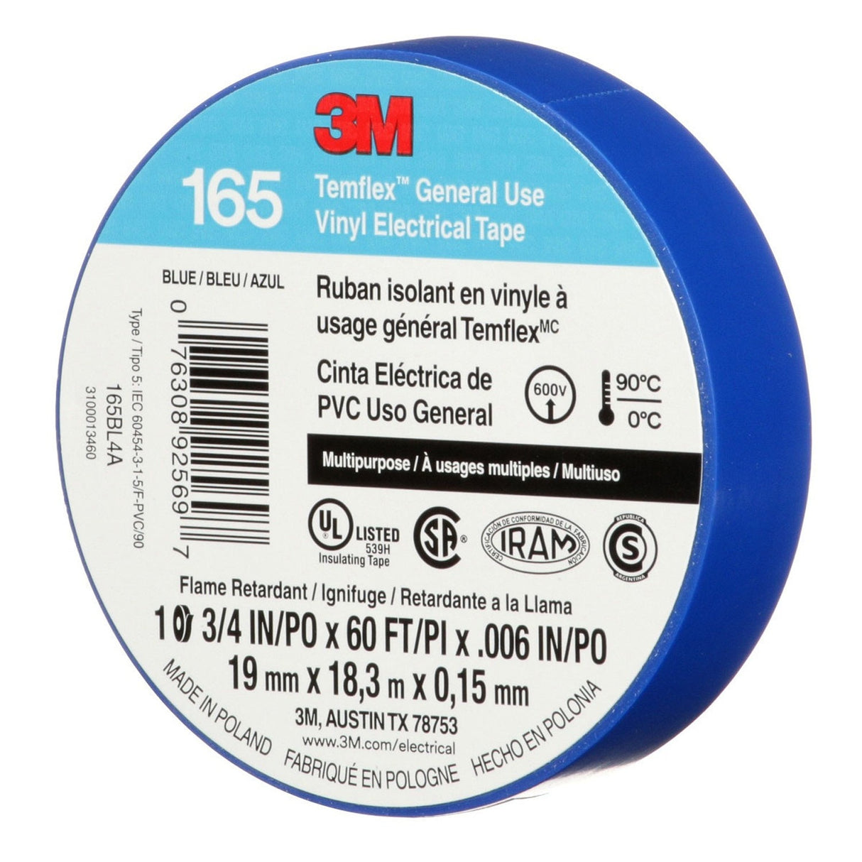 3M 165BL4A Temflex Vinyl Electrical Tape Blue 3/4 in x 60 ft 6 mil Multi-Purpose Flame Retardant (7100169429) (10 Pack) - 3