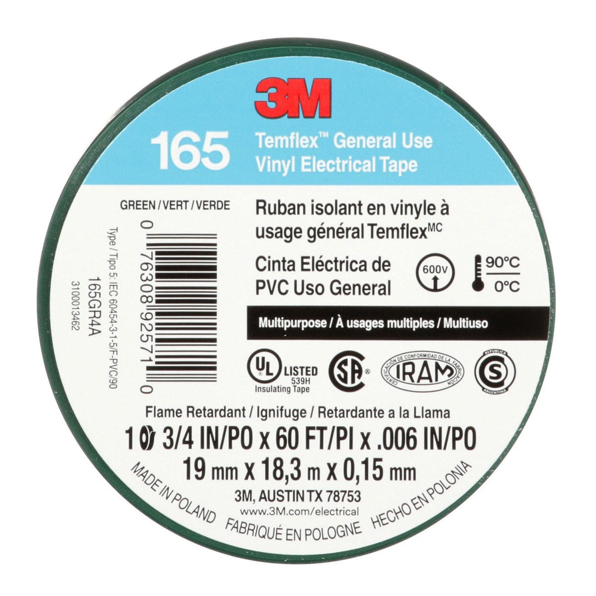 3M 165 Temflex Multi-Purpose Vinyl Electrical Tape, Green, 3/4 in x 60 ft, 6 mil, 600 V, PVC, Flame Retardant (165GR4A) (7100169430) (10 Rolls) (10 Pack)