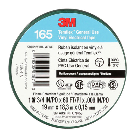 3M 165 Temflex Multi-Purpose Vinyl Electrical Tape, Green, 3/4 in x 60 ft, 6 mil, 600 V, PVC, Flame Retardant (165GR4A) (7100169430) (10 Rolls) (10 Pack)