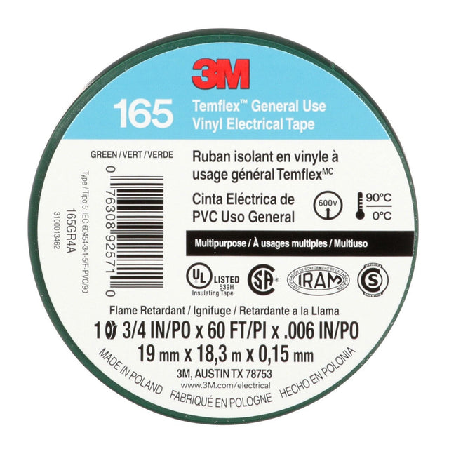 3M 165 Temflex Multi-Purpose Vinyl Electrical Tape, Green, 3/4 in x 60 ft, 6 mil, 600 V, PVC, Flame Retardant (165GR4A) (7100169430) (10 Rolls) (10 Pack)