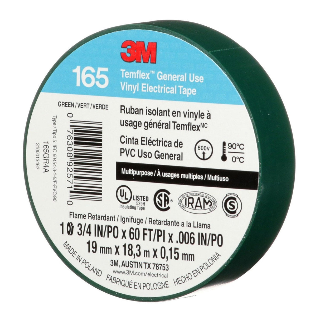 3M 165 Temflex Multi-Purpose Vinyl Electrical Tape, Green, 3/4 in x 60 ft, 6 mil, 600 V, PVC, Flame Retardant (165GR4A) (7100169430) (10 Rolls) (10 Pack) - 3