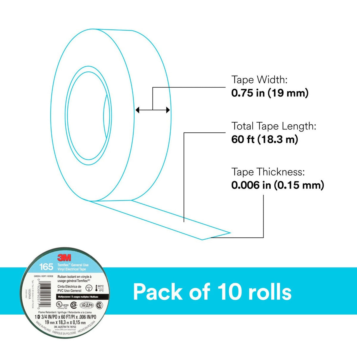 3M 165 Temflex Multi-Purpose Vinyl Electrical Tape, Green, 3/4 in x 60 ft, 6 mil, 600 V, PVC, Flame Retardant (165GR4A) (7100169430) (10 Rolls) (10 Pack) - 10