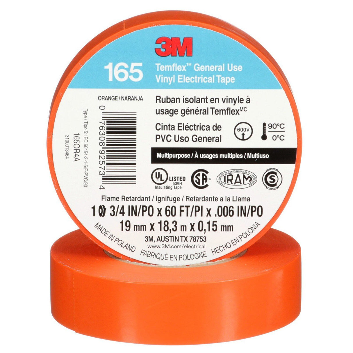 3M 165OR4A Temflex Multi-Purpose Vinyl Electrical Tape, Orange, 3/4 in x 60 ft, 6 mil (7100169433) (10 Pack) - 2