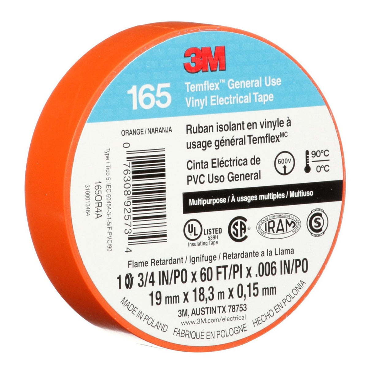 3M 165OR4A Temflex Multi-Purpose Vinyl Electrical Tape, Orange, 3/4 in x 60 ft, 6 mil (7100169433) (10 Pack) - 5