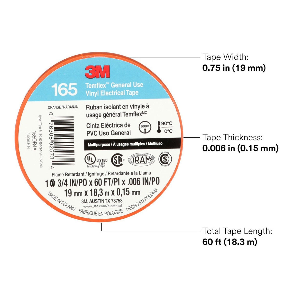 3M 165OR4A Temflex Multi-Purpose Vinyl Electrical Tape, Orange, 3/4 in x 60 ft, 6 mil (7100169433) (10 Pack) - 9