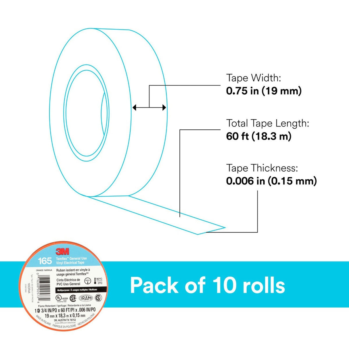 3M 165OR4A Temflex Multi-Purpose Vinyl Electrical Tape, Orange, 3/4 in x 60 ft, 6 mil (7100169433) (10 Pack) - 10