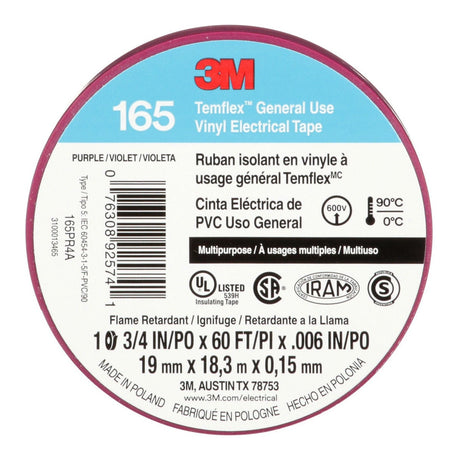 3M 165 Temflex Multi-Purpose Vinyl Electrical Tape, Purple, 3/4 in x 60 ft, 6 mil (165PR4A) (7100169434) (10 Roll Pack) (10 Pack)