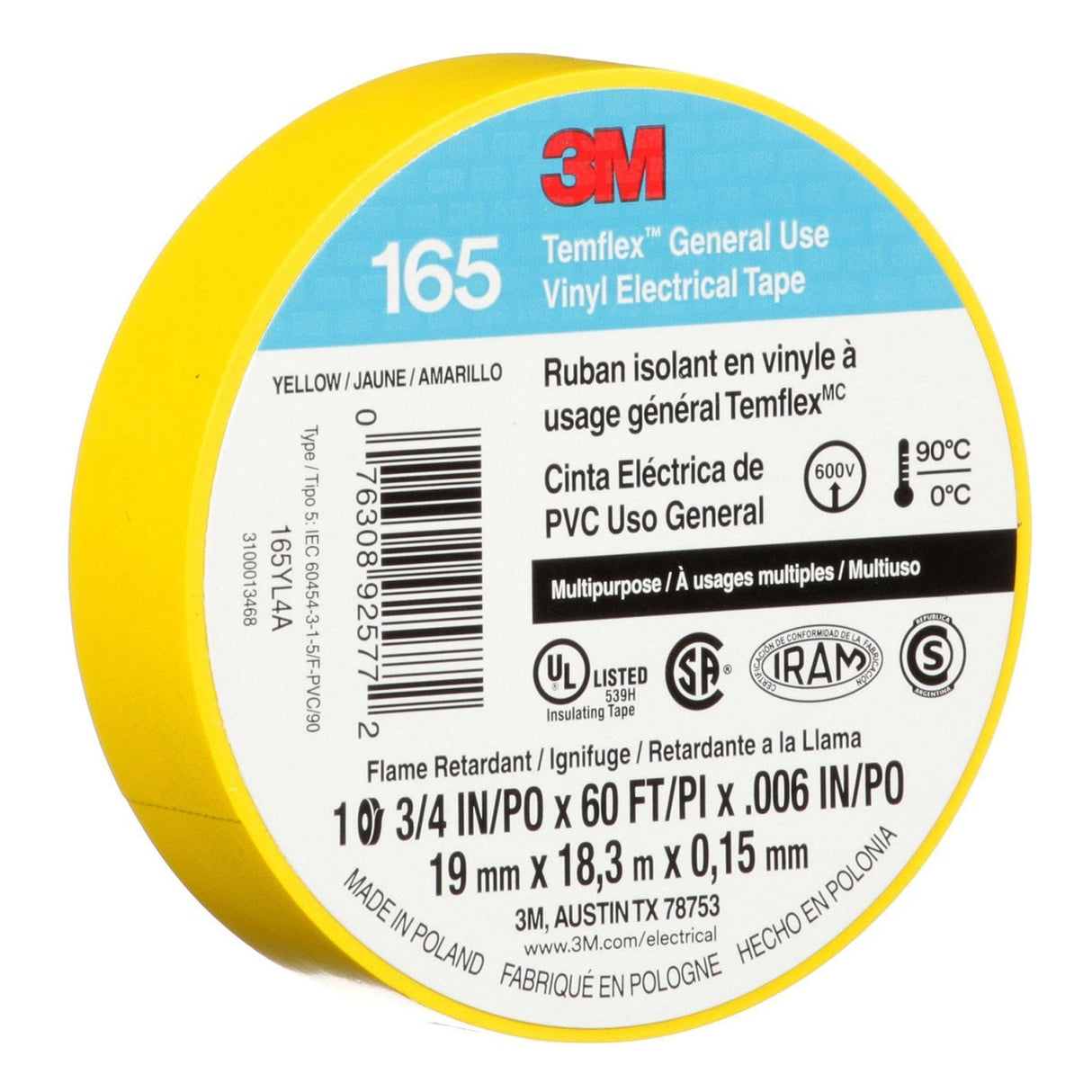 3M 165 165YL4A Temflex General Use Vinyl Electrical Tape, Yellow, 3/4 in x 60 ft, 6 mil (7100169490) (10 Pack) - 6