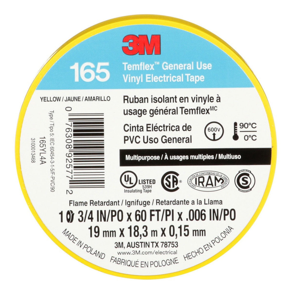 3M 165 165YL4A Temflex General Use Vinyl Electrical Tape, Yellow, 3/4 in x 60 ft, 6 mil (7100169490) (10 Pack) - 7