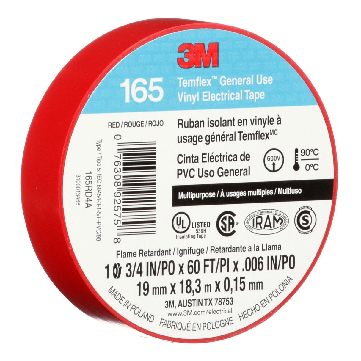 3M 165 Temflex Vinyl Electrical Tape, Red, 0.75 in x 60 ft, 6 mil, General Use, Flame Retardant (165RD4A) (7100169492) (10 Rolls/Pack) (10 Pack) - 5