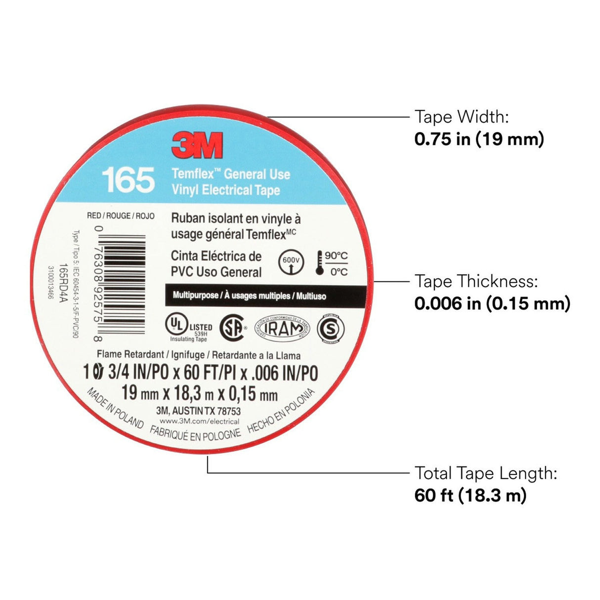 3M 165 Temflex Vinyl Electrical Tape, Red, 0.75 in x 60 ft, 6 mil, General Use, Flame Retardant (165RD4A) (7100169492) (10 Rolls/Pack) (10 Pack) - 9