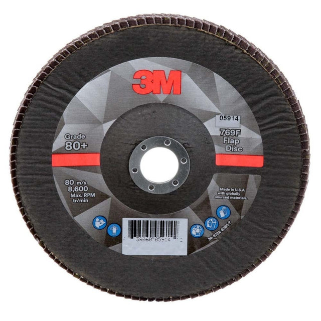 3M 7100177999 Flap Disc 769F Type 29, 80+ Grit, 7 in x 7/8 in for Grinding and Finishing on Carbon and Stainless Steel (5 Pack)