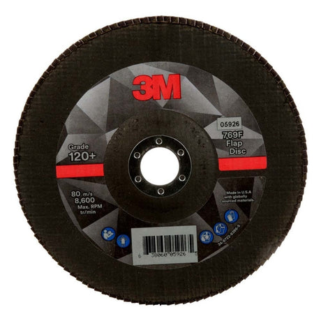 3M 7100178090 Flap Disc 769F Type 27, 120+ Grit, 7 in x 7/8 in for Grinding and Finishing on Carbon and Stainless Steel (5 Pack)