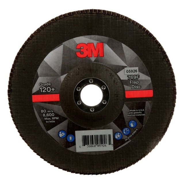3M 7100178090 Flap Disc 769F Type 27, 120+ Grit, 7 in x 7/8 in for Grinding and Finishing on Carbon and Stainless Steel (5 Pack)