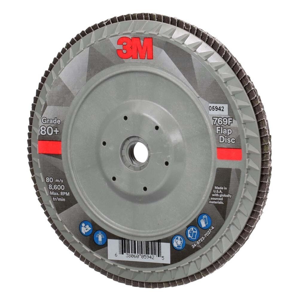3M 7100178236 Flap Disc 769F Type 27 Quick Change, 80+ Grit, 7 in x 5/8-11 for Grinding and Finishing on Carbon and Stainless Steel (5 Pack) - 3