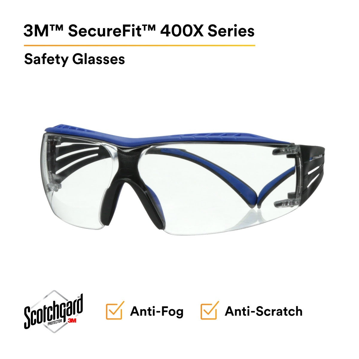 3M SF401XSGAF-BLU SecureFit 400 Series Safety Glasses, Blue/Gray, Clear Scotchgard Anti-Fog/Anti-Scratch Lens (7100180049) (20 Pack) - 3