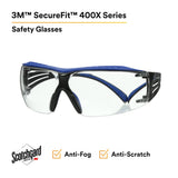 3M SF401XSGAF-BLU SecureFit 400 Series Safety Glasses, Blue/Gray, Clear Scotchgard Anti-Fog/Anti-Scratch Lens (7100180049) (20 Pack) - 3