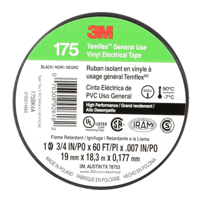3M Temflex 175 Vinyl Electrical Tape, Black, 7 mil, 3/4 in x 60 ft, Flame Retardant, Rubber Adhesive (7100188506) (100 Pack)