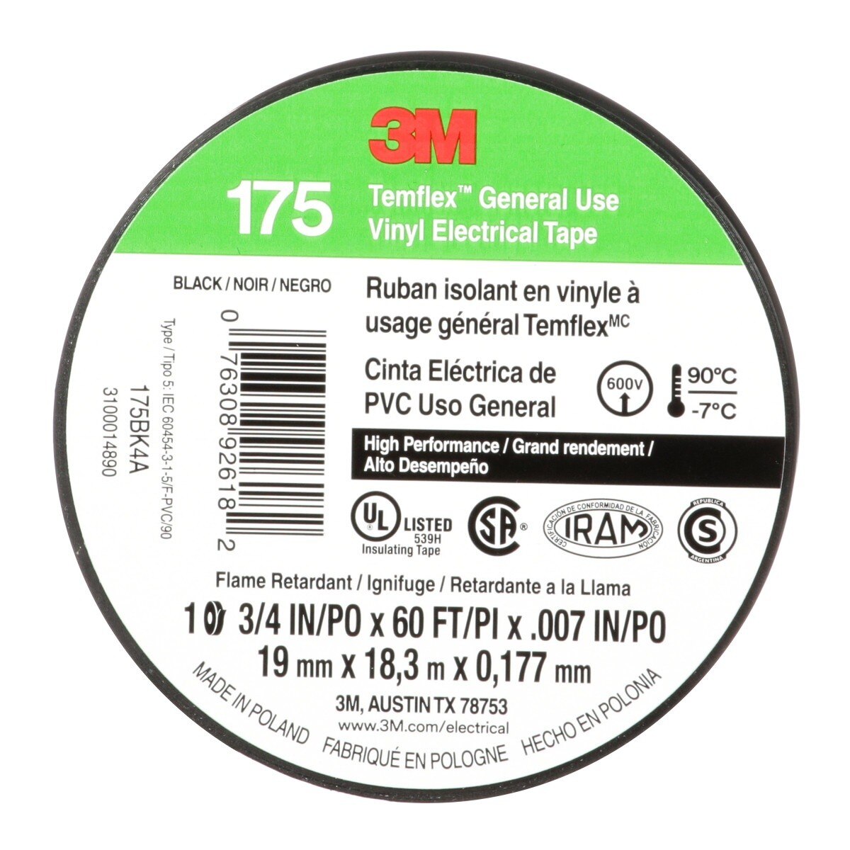 3M Temflex 175 Vinyl Electrical Tape, Black, 7 mil, 3/4 in x 60 ft, Flame Retardant, Rubber Adhesive (7100188506)