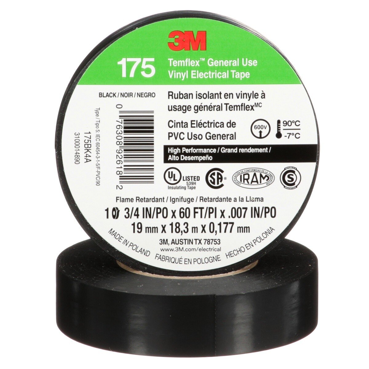 3M Temflex 175 Vinyl Electrical Tape, Black, 7 mil, 3/4 in x 60 ft, Flame Retardant, Rubber Adhesive (7100188506) - 2