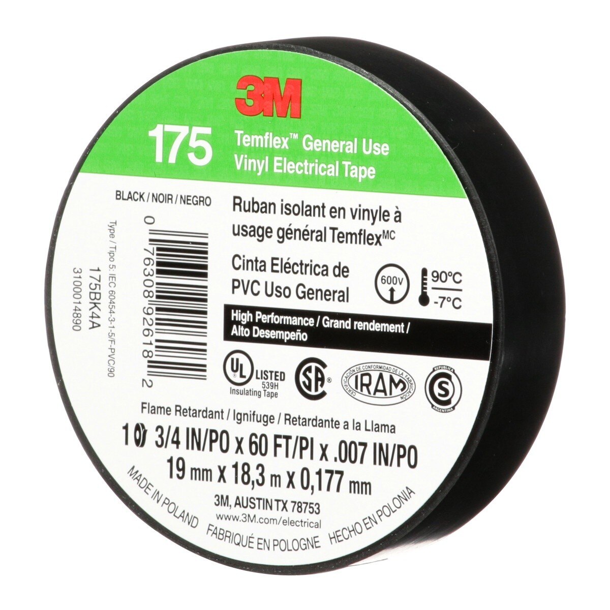3M Temflex 175 Vinyl Electrical Tape, Black, 7 mil, 3/4 in x 60 ft, Flame Retardant, Rubber Adhesive (7100188506) - 3