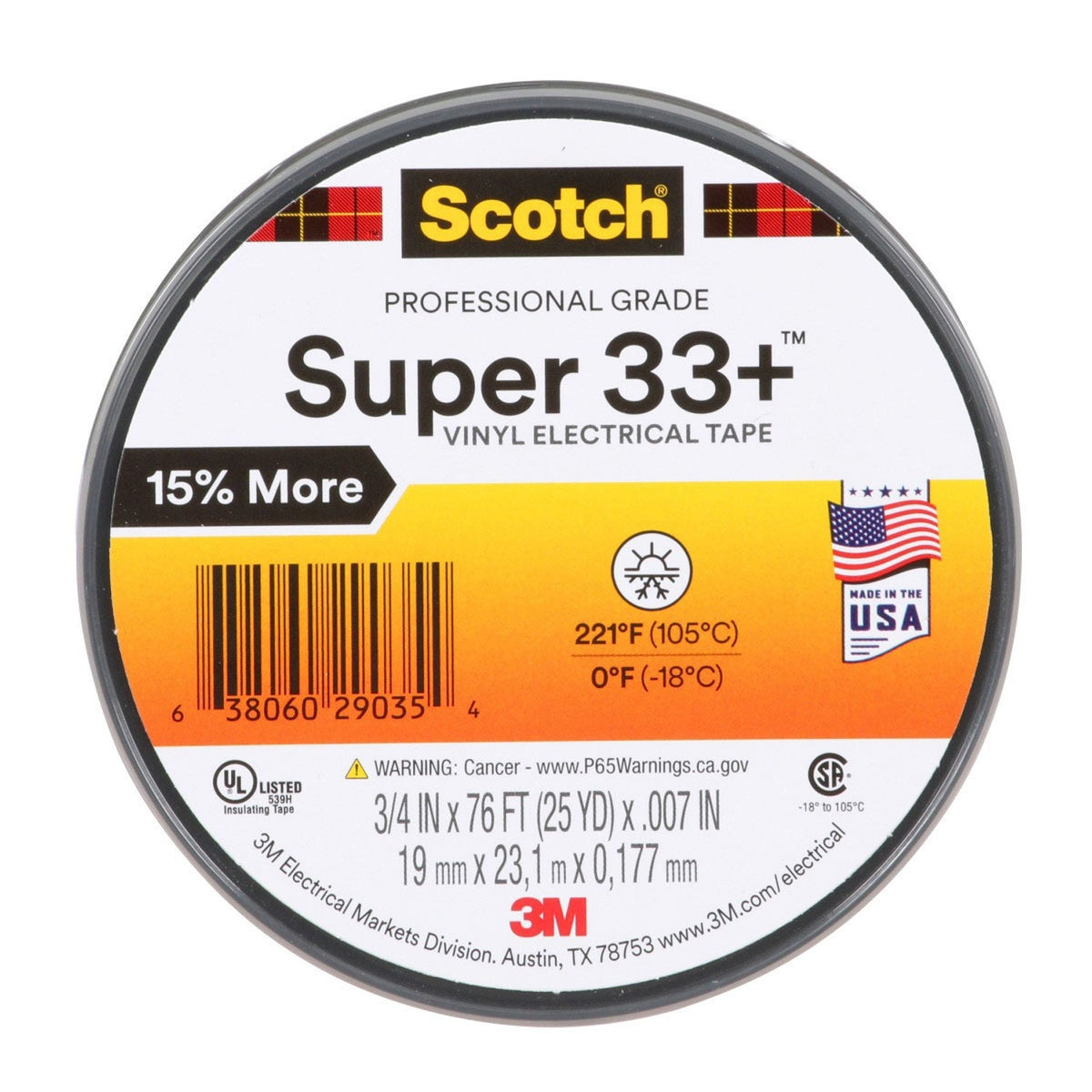 3M 33+-3/4X76FT-1 Scotch Super 33+ Vinyl Electrical Tape, Black, 3/4 in x 76 ft, 1 in Core, 7 mil, Professional Grade, All-Weather, Flame Retardant (7100201470) (100 Pack) - 3