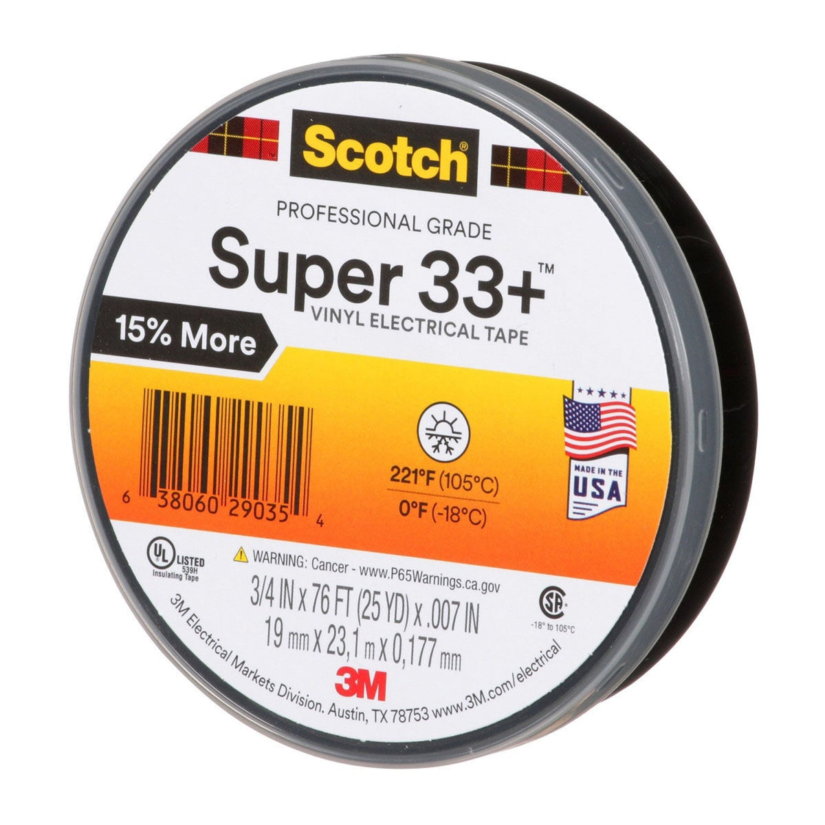 3M 33+-3/4X76FT-1 Scotch Super 33+ Vinyl Electrical Tape, Black, 3/4 in x 76 ft, 1 in Core, 7 mil, Professional Grade, All-Weather, Flame Retardant (7100201470) (100 Pack) - 4
