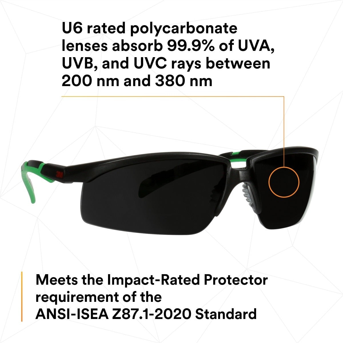 3M S2050AS-BLK Solus 2000 Series Safety Glasses, Anti-Scratch, IR Shade 5.0 Gray Lens, Black/Green Temples (7100203186) (20 Pack) - 6